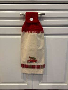 Crochet Top Kitchen Towel-Red truck with tree